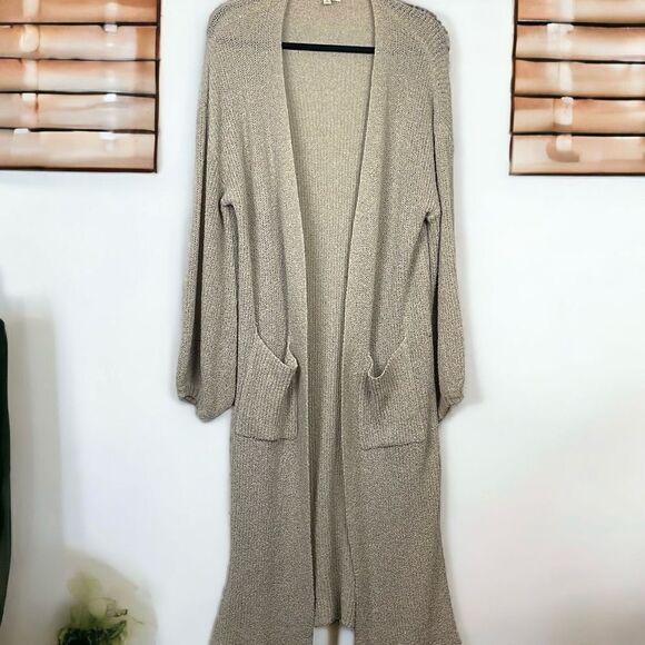 Kye Mi Women's Knitted Open Front Bishop sleeve Long Cardigan Sweater Tan Small - Picture 1 of 11
